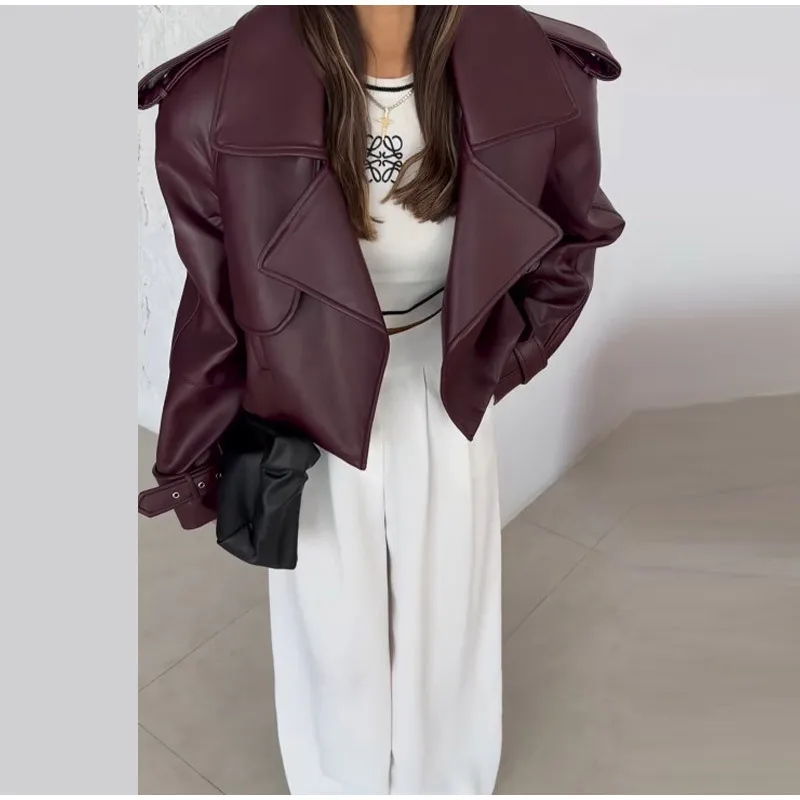 Women's Coat Dark Red Pu Leather Solid Lapel Cropped Jacket Fashion Pockets Long Sleeves Short Coat 2025 Lady Autumn Streetwear