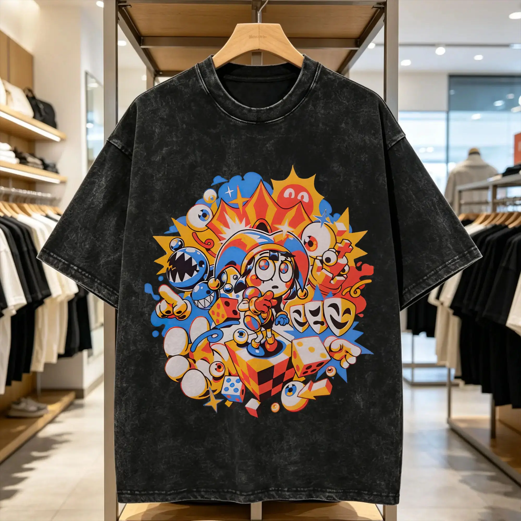 Funny Cartoon Digatal Circus T-Shirt for Men Round Collar 100% Cotton Washed T Shirts  Short Sleeve Tee Shirt Summer Tops