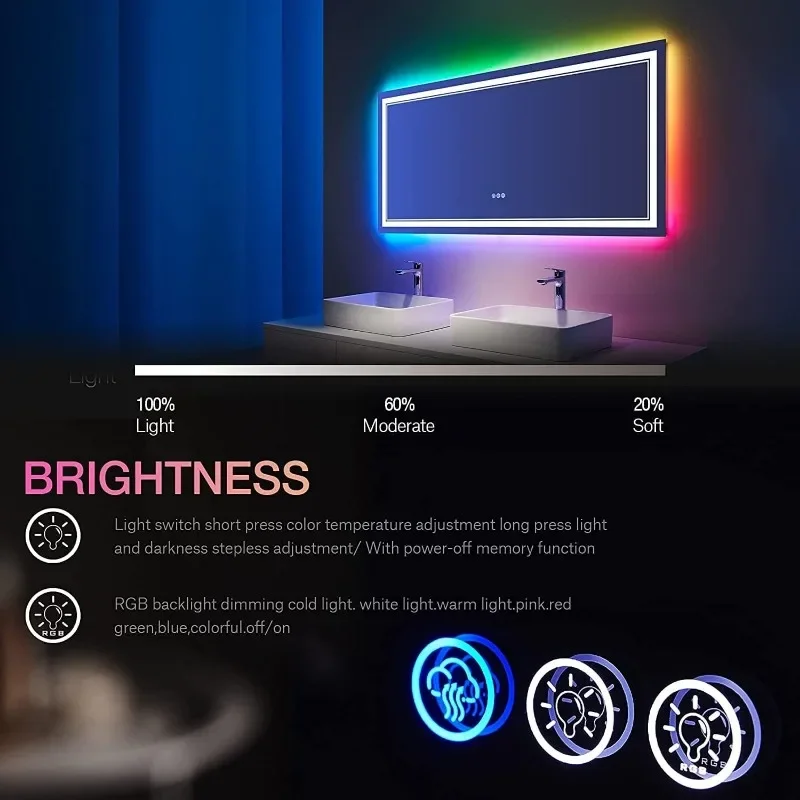 Espejo de baño LED RGB de 40x36 pulgadas con luces, espejo LED retroiluminado RGB que cambia de Color para baño, espejos de tocador iluminados