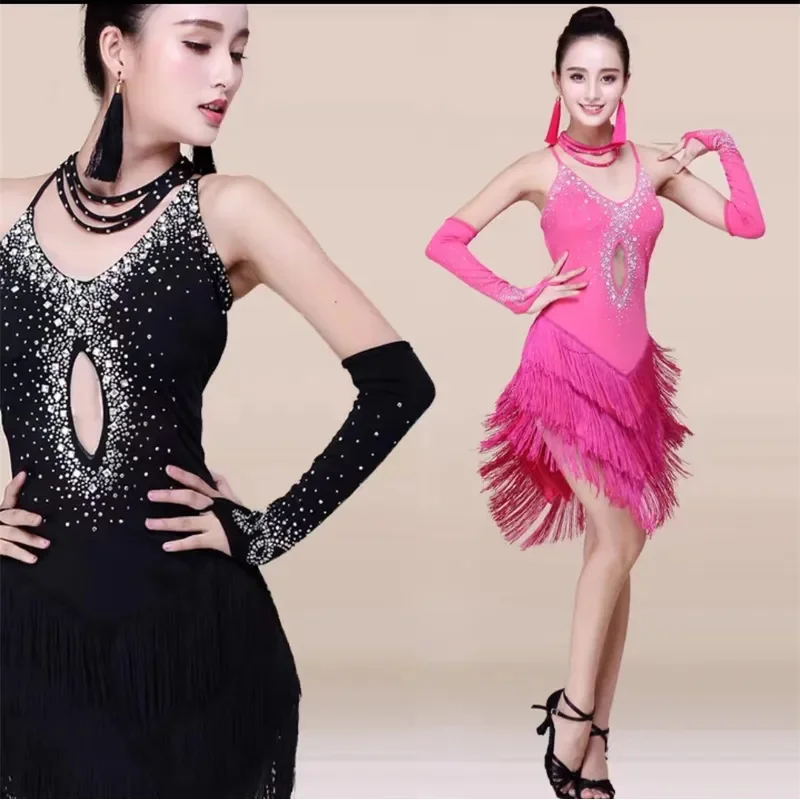 Vestido feminino com franja de dança latina, vestido sexy com borla, strass, tango de salão, salsa, tango, vermelho, preto