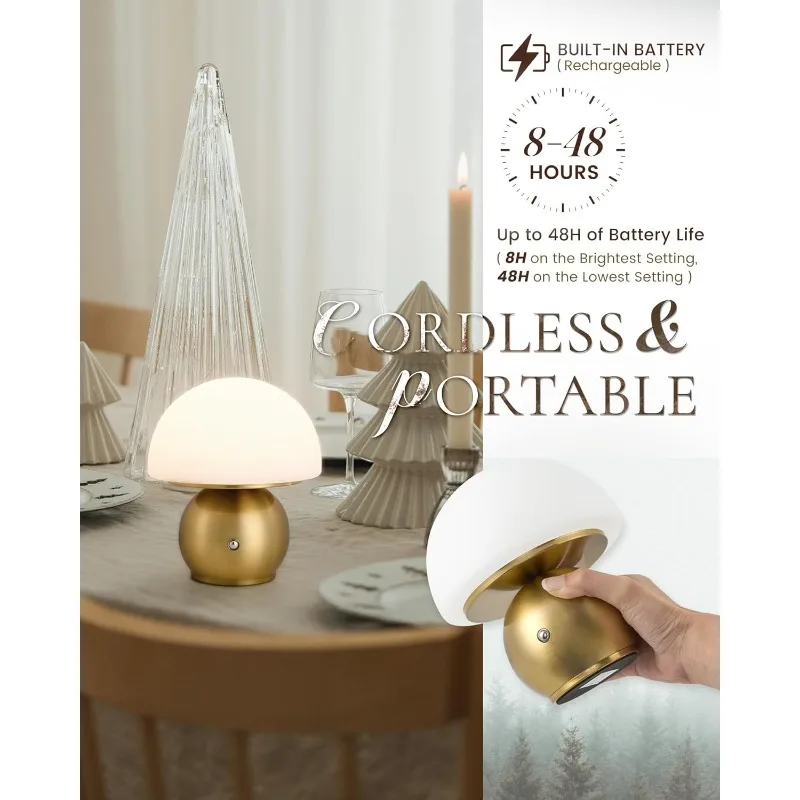 

Dimmable Cordless Mushroom Lamp MT2319 B with Gold Base Rechargeable Battery Powered Touch Control LED Table Lamp for Bedroom