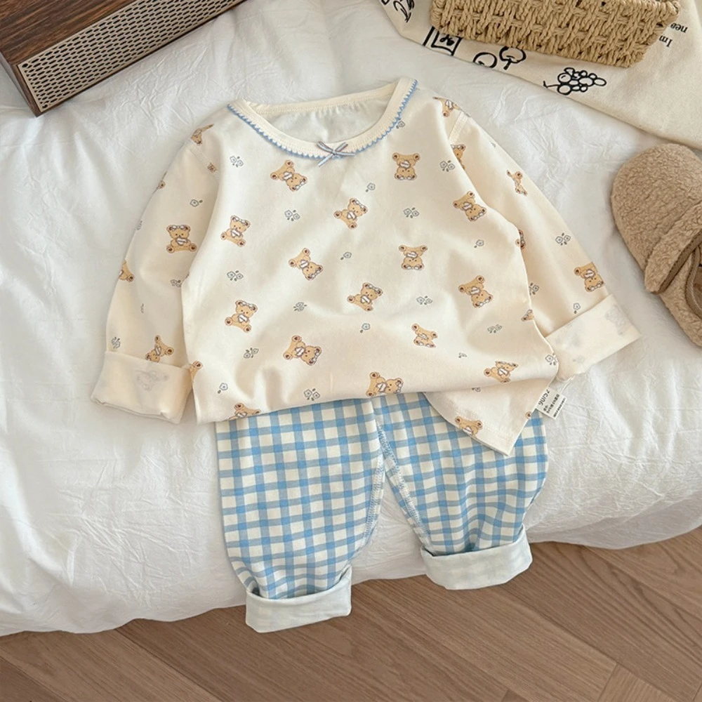 Bear Leader الخريف ملابس الأطفال الكرتون زهرة طباعة بلوزة بأكمام طويلة + السراويل مجموعة ملابس منزلية بسيطة للأولاد والبنات