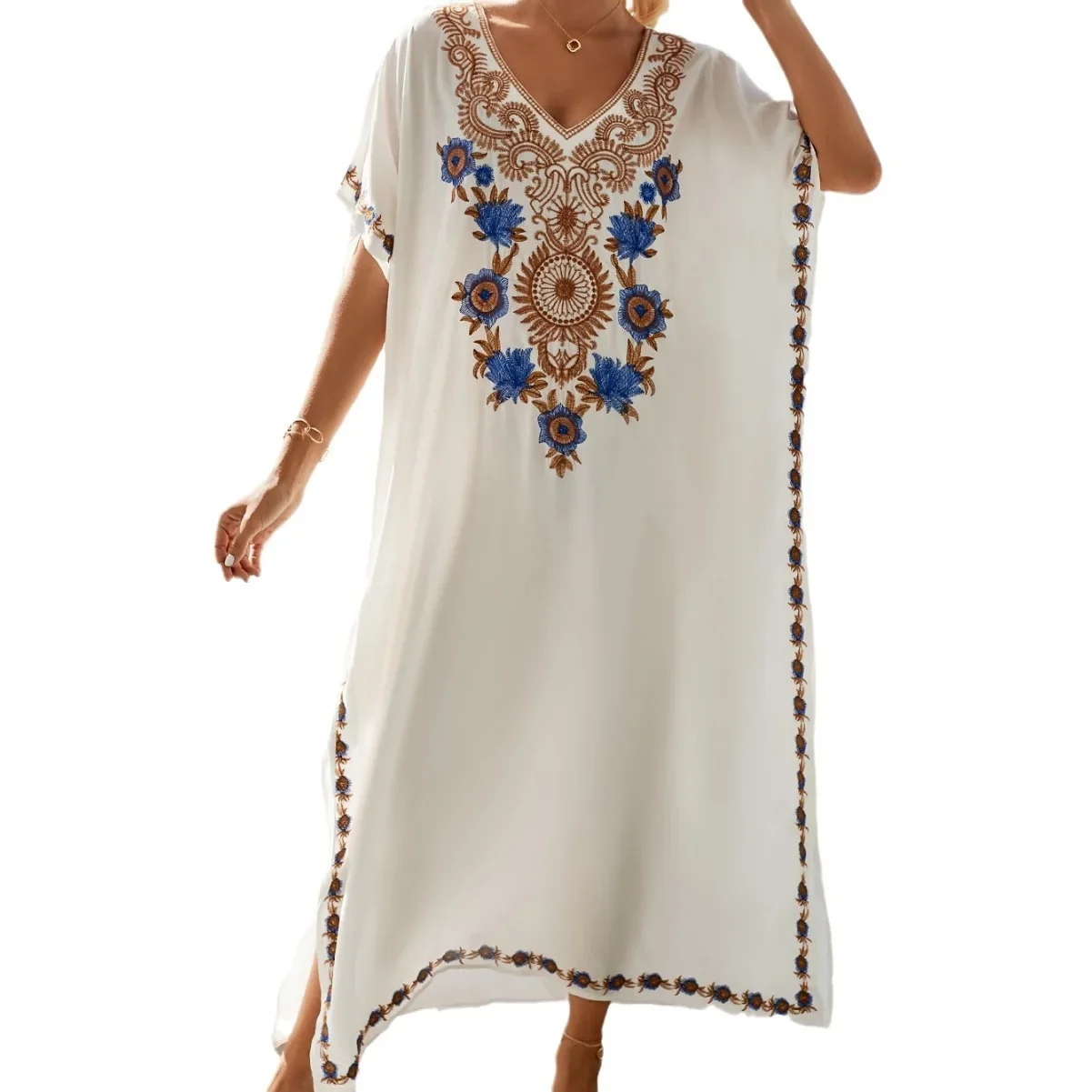 2024 Elegancka haftowana sukienka uliczna z krótkim rękawem Maxi Dress Long Kaftan Blue Tunic Women Beach Wear Swimsuit Cover Up