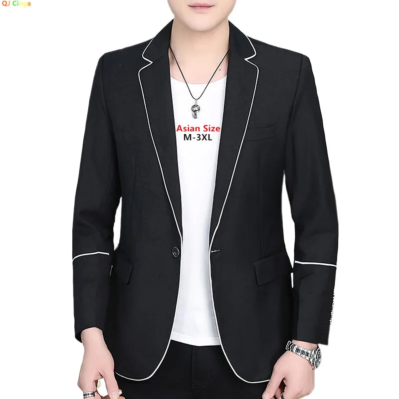 Black Men's Slim Fit Blazer, Gray Business Casual Coats, Asian Size M-3XL, Men Suit Jacket, White Trimmed Decoration