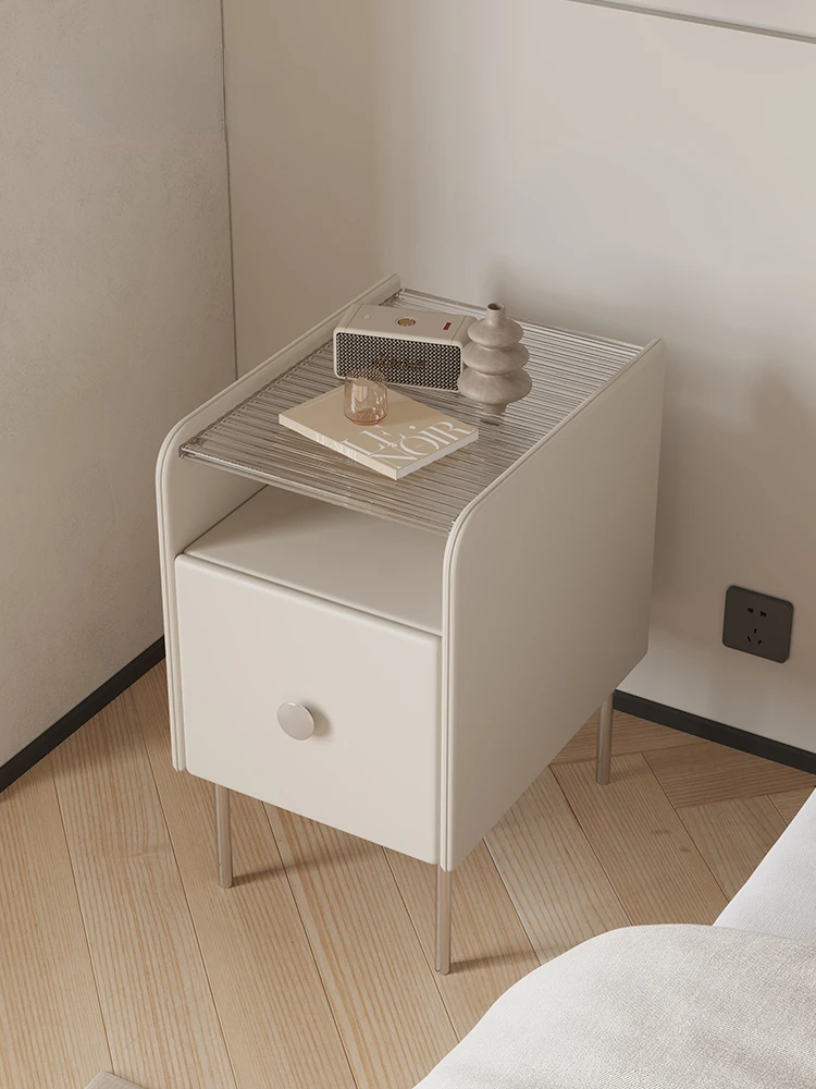 Small Ins Style Design Bedside Table Bedroom and Household Light Luxury Italian Leather Storage Bed Side Cabinet