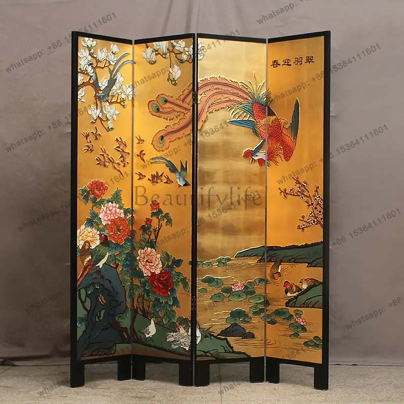New Chinese-style lacquered screen partition folding living room entrance wall mobile office screen