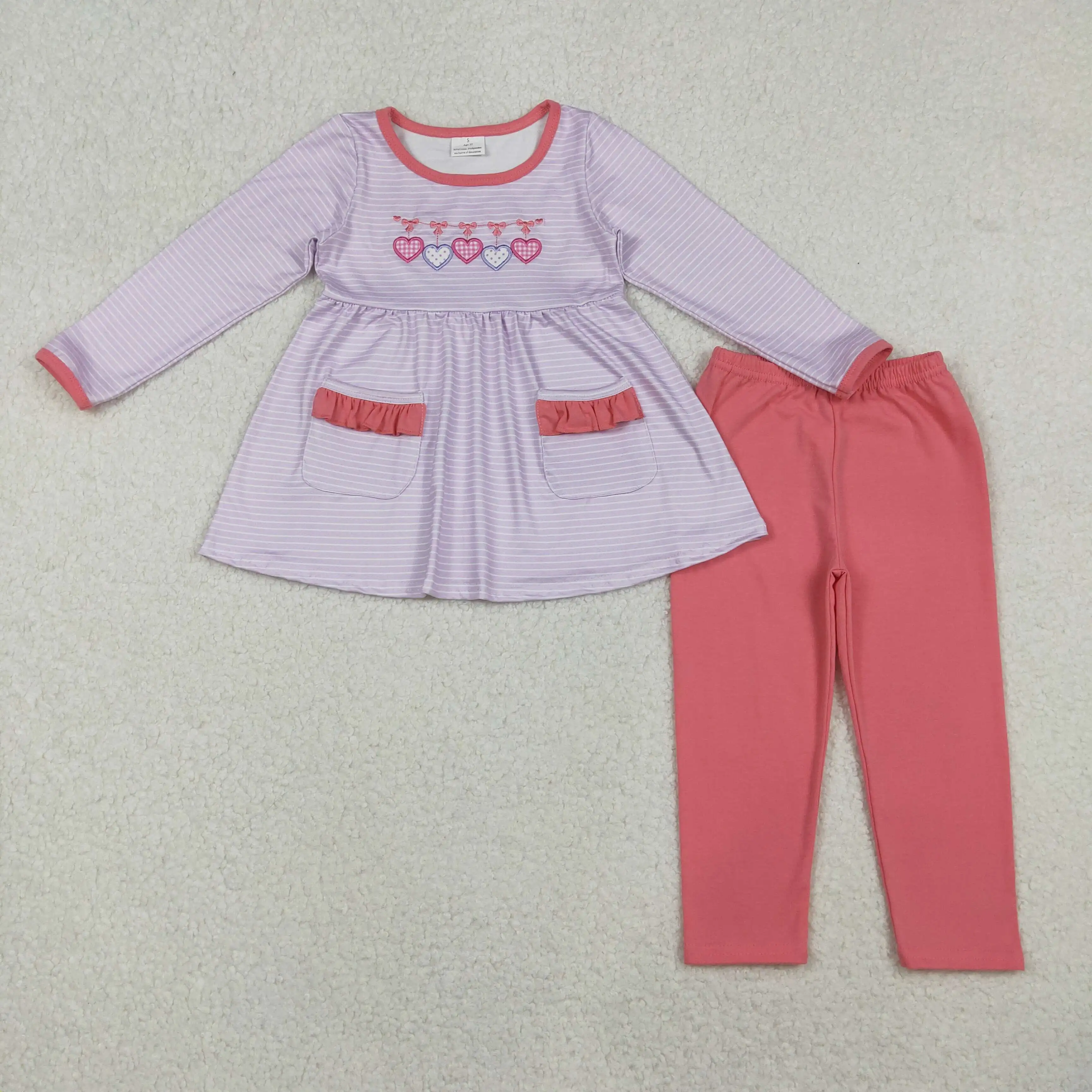 

10.22y New baby girl clothing wholesale embroidered Valentine's Day love purple striped lace pocket long sleeve trousers suit