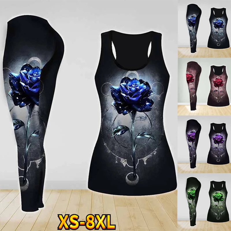 

4 Styles 3D Flower Print Yoga Suit Sports Combo Tank Tops Yoga Leggings Keep Slim Leggings and Out Tank Top Suit XS-8XL