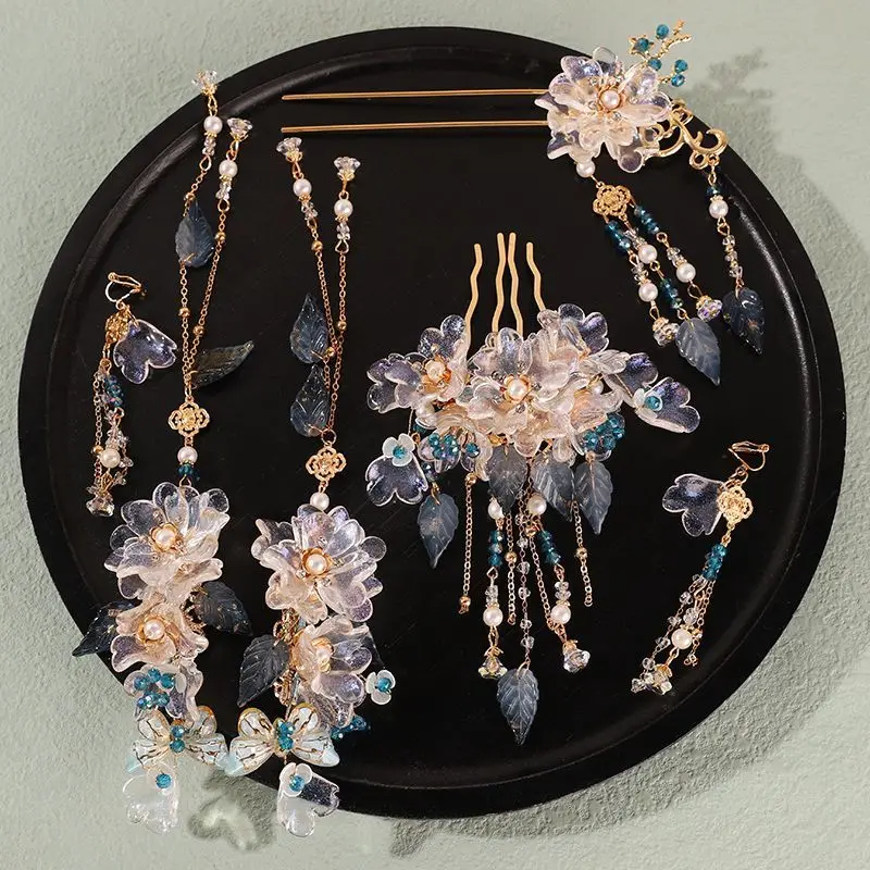 

New Arrival Chinese Ancient Style Glaze Hanfu Hair Accessories Full Set Hairpin Hair Clip Tassel Elegant Fairy Headwear