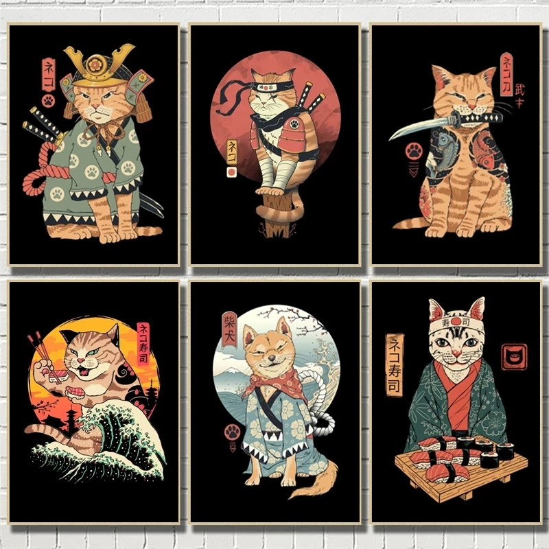 Cartoon Japanische Samurai-Katze Leinwandgemälde Wandkunst Poster und Drucke Tier-Wandbilder für Wohnzimmer Zuhause Cuadros De