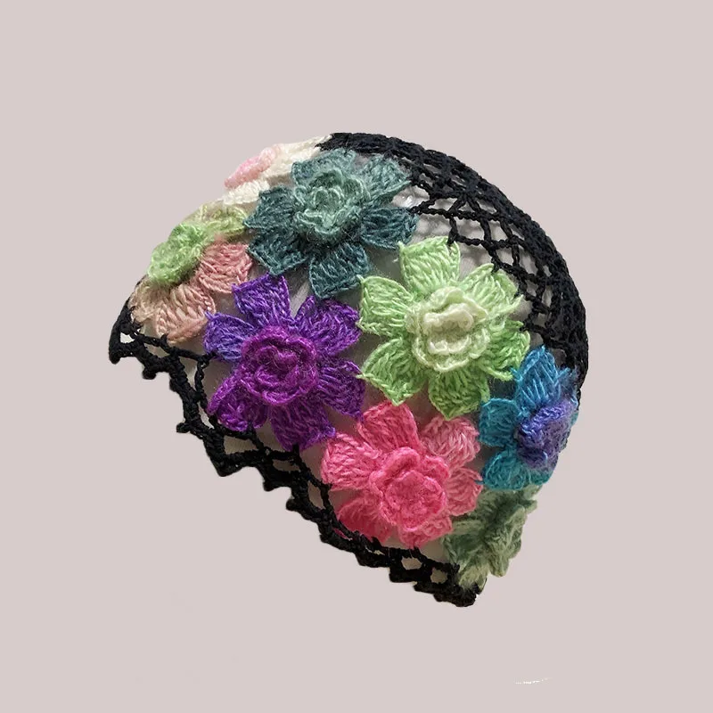 Spring and Summer New Style Literary and Artistic Colorful Flowers Hollow Baotou Cap Female Sweet Fashion Knitting Wool Cap Melo