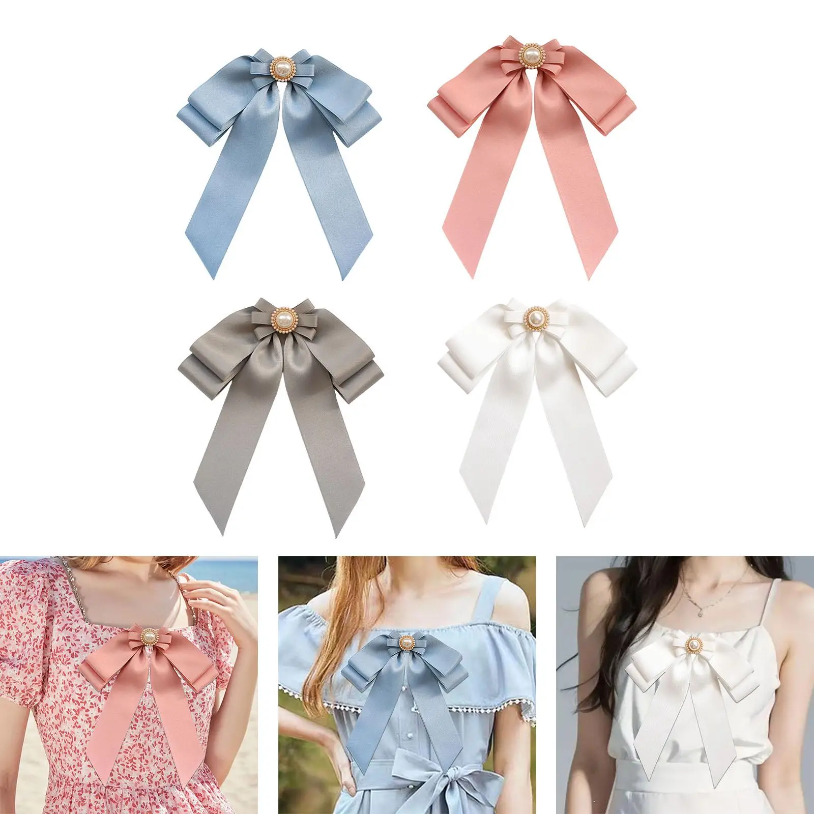 Women Pre Tied Bowknot Brooch Necktie Pin Stylish Portable Bead Bow Tie Brooch Pin Ribbon Brooch for Uniform Prom Anniversary