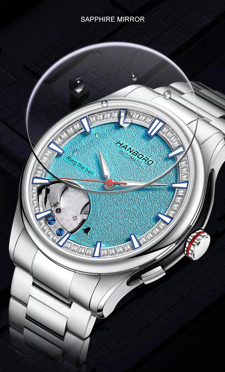 HANBORO メンズ自動腕時計アラーム機械式腕時計 5ATM 防水サファイア発光スケルトンダイヤル