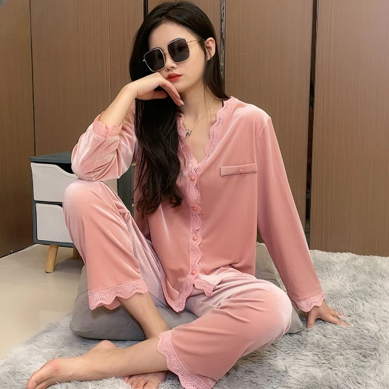 Top Grade  Velvet Pajamas  Lady  Autumn and Winter  Long Sleeved  Button  Sexy  Lapel Collar  Home Clothing Set  New Doll Collar