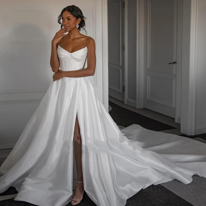 Robe de Mariée Sirène en Fibre Satin, Simple, à Fourche Haute, Sexy, avec Fente Haute, Longueur au Sol, pour Patients, 2023