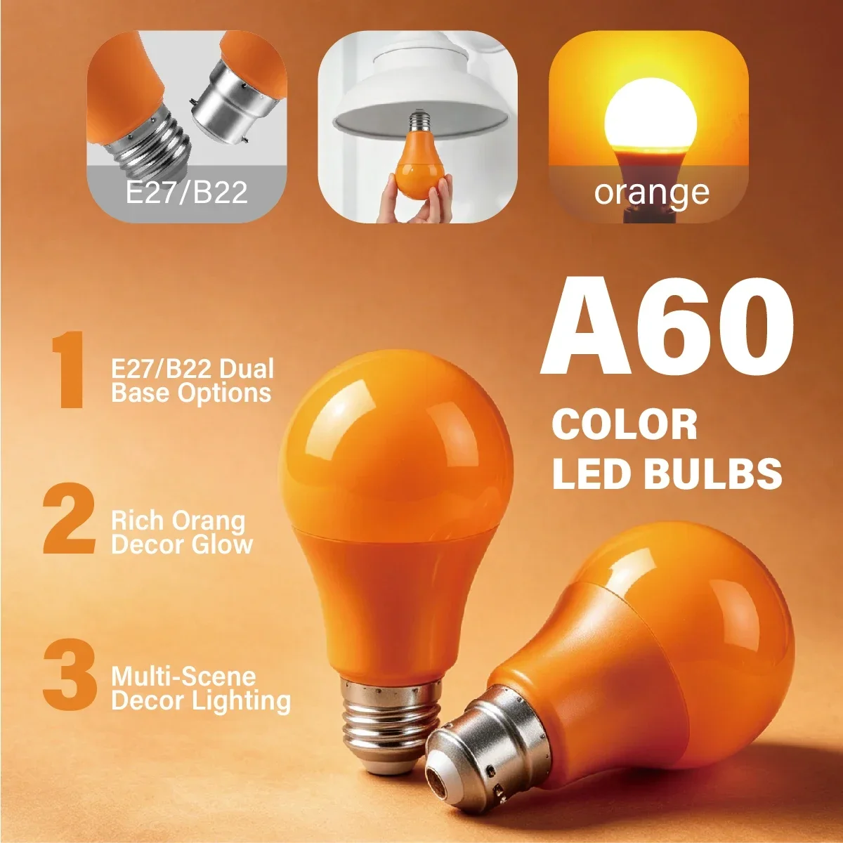4–20 Stück orangefarbene LED-Dekorationslampen, 8 W, 640 lm, AC100–240 V, E27, B22, energiesparende Lichter, für Zuhause, KTV, Party, Hof, Bühnendekoration – Detail 1