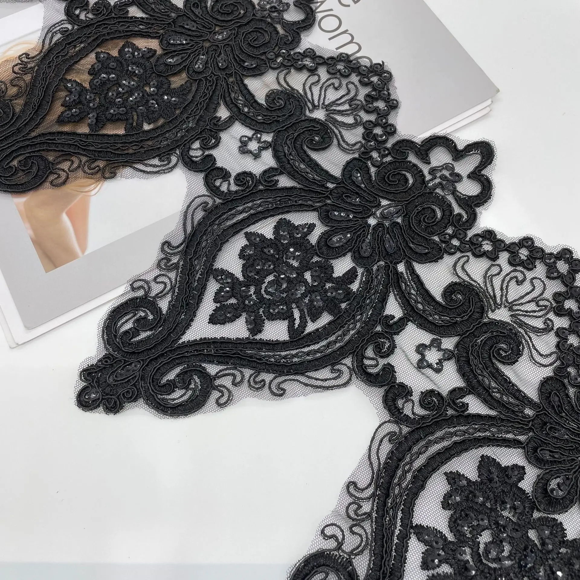 Delicate 1Yard Black Sequin Cording Fabric Flower Venise Venice Mesh Lace Trim Applique Sewing Craft for Wedding Dec. 24cm wide