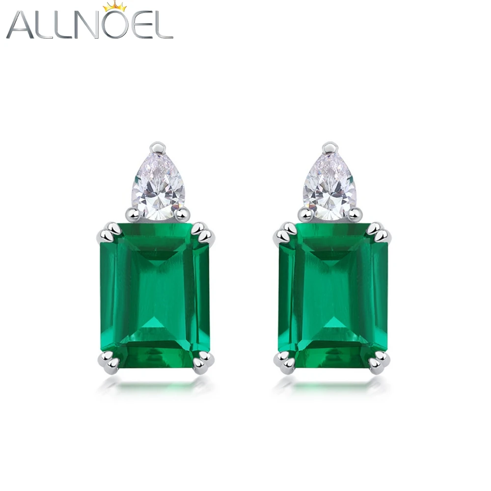 

ALLNOEL Real 925 Silver Stud Earrings For Women Rectangle 6*8mm Lab Created Emerald Original Minimalism Anniversary Gift Jewelry