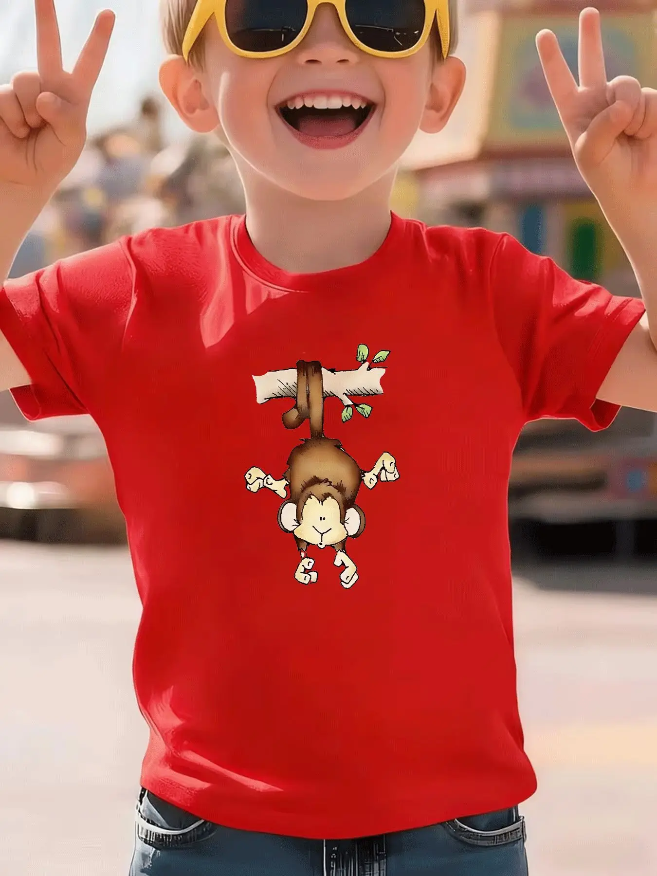 Casual Trendy Cartoon Hanging Monkey Pattern Tshirt for Children's  Creativity Summer Round Neck T-shirt Casual Parent Child Top