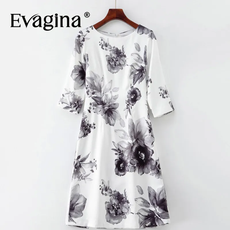 

Evagina New Design Spring Summer Women's Dress Vintage Ink wash Printed Three Quarter Sleeve Office Work Dresses