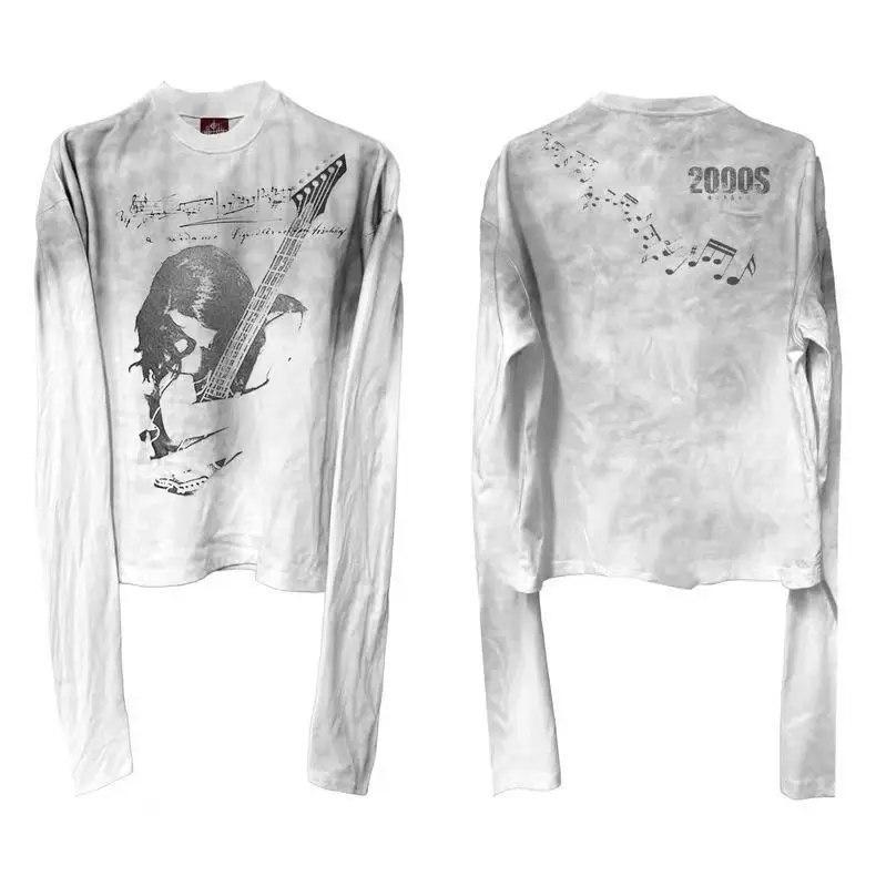 

Японская субкультура, белый спрей, грязный портрет, гитара с принтом, футболка с длинными рукавами Y2k для мужчин и женщин, хип-хоп, готические свободные повседневные топы