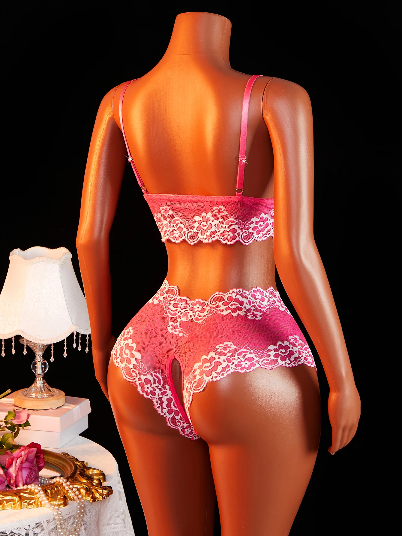 Women's Sexy Lingerie Set Sling Open Bra Camisole Bra Crotchless Panty Transparent Floral Lace Erotic Outfit - Image 4