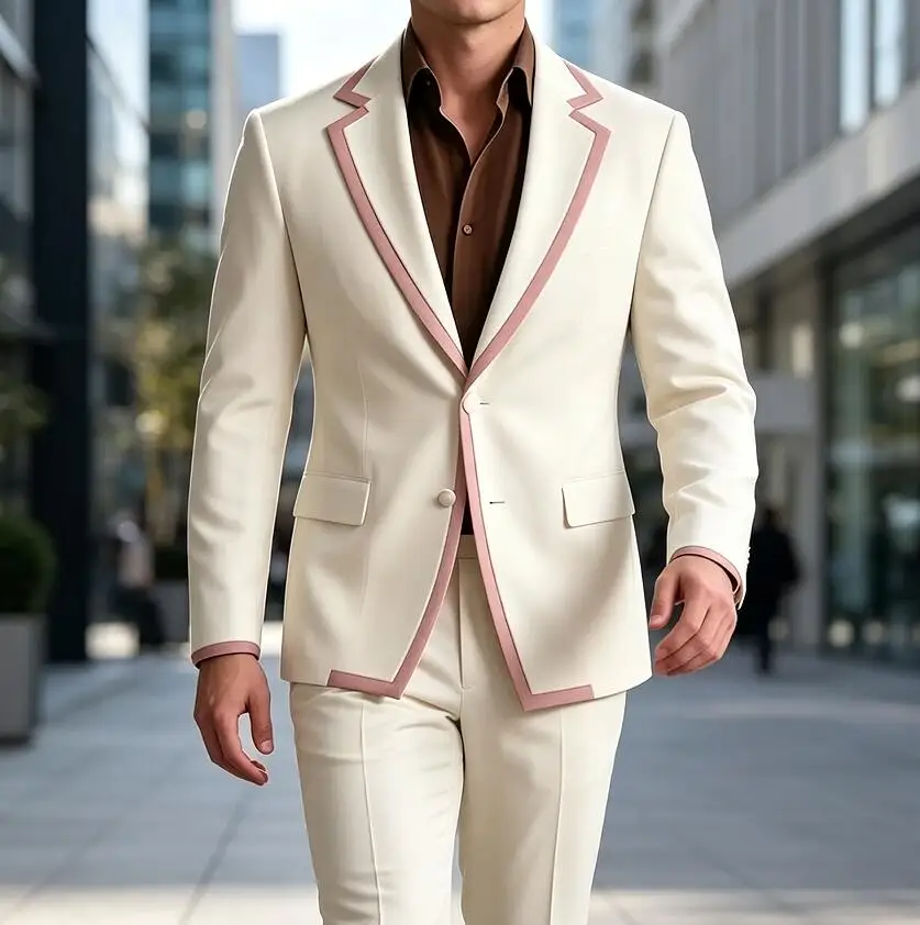 New Designal Ivory with Pink Men Suits Wedding Party Formal Groom Groomsman Prom Business Male Tuxedos 2 Piece Sets Jacket Pants