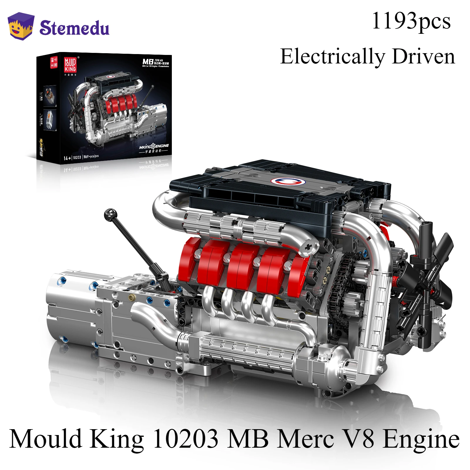 1169pcs Mould King 10203 MB Merc V8 Engine with Gearbox Motorized Simulation Model Electrically Drive Building Block Hi-Tech Car