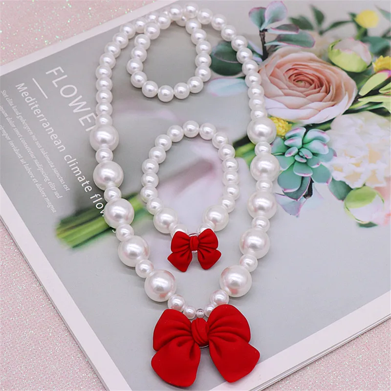 Children's Cute Bow Pearl Necklace Bracelet Earrings Set
