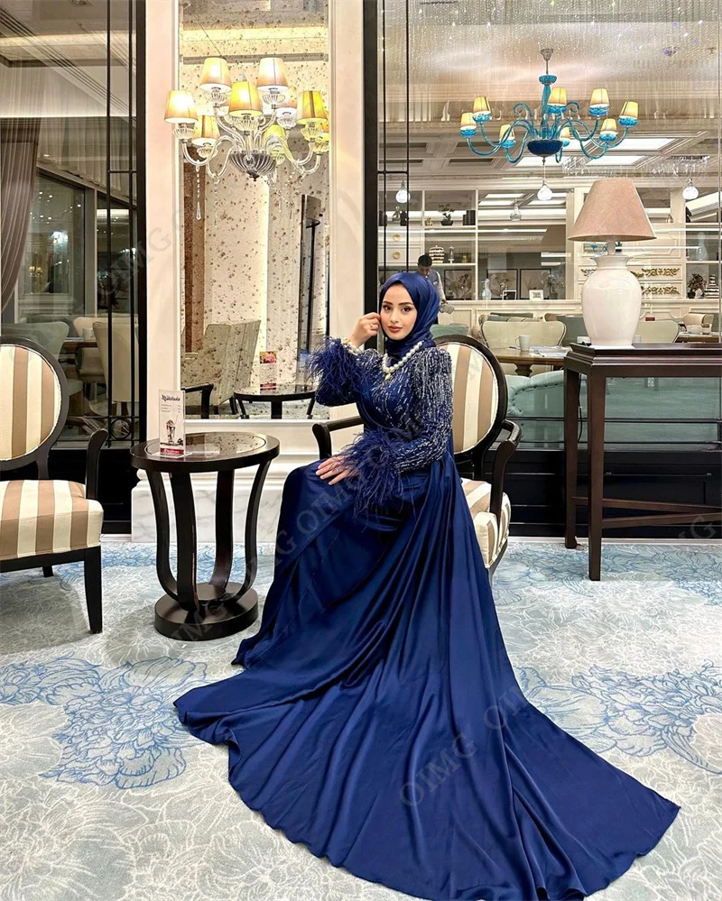 OIM Royal Blue Long Muslim Prom Evening Dresses Sequins A Line Arabic Dubai Hijab Custom Formal Party Gowns Robe De Soiree