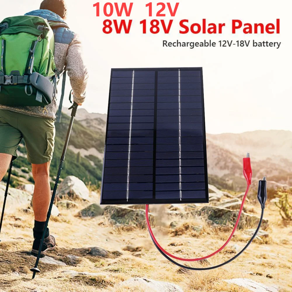 8W 18V oder 10W 12V Tragbares Polysilizium-Solarpanel-Ladegerät, wasserdichtes Solar-Batterieladegerät mit Clip für Lampen und Ventilatoren für den Außenbereich