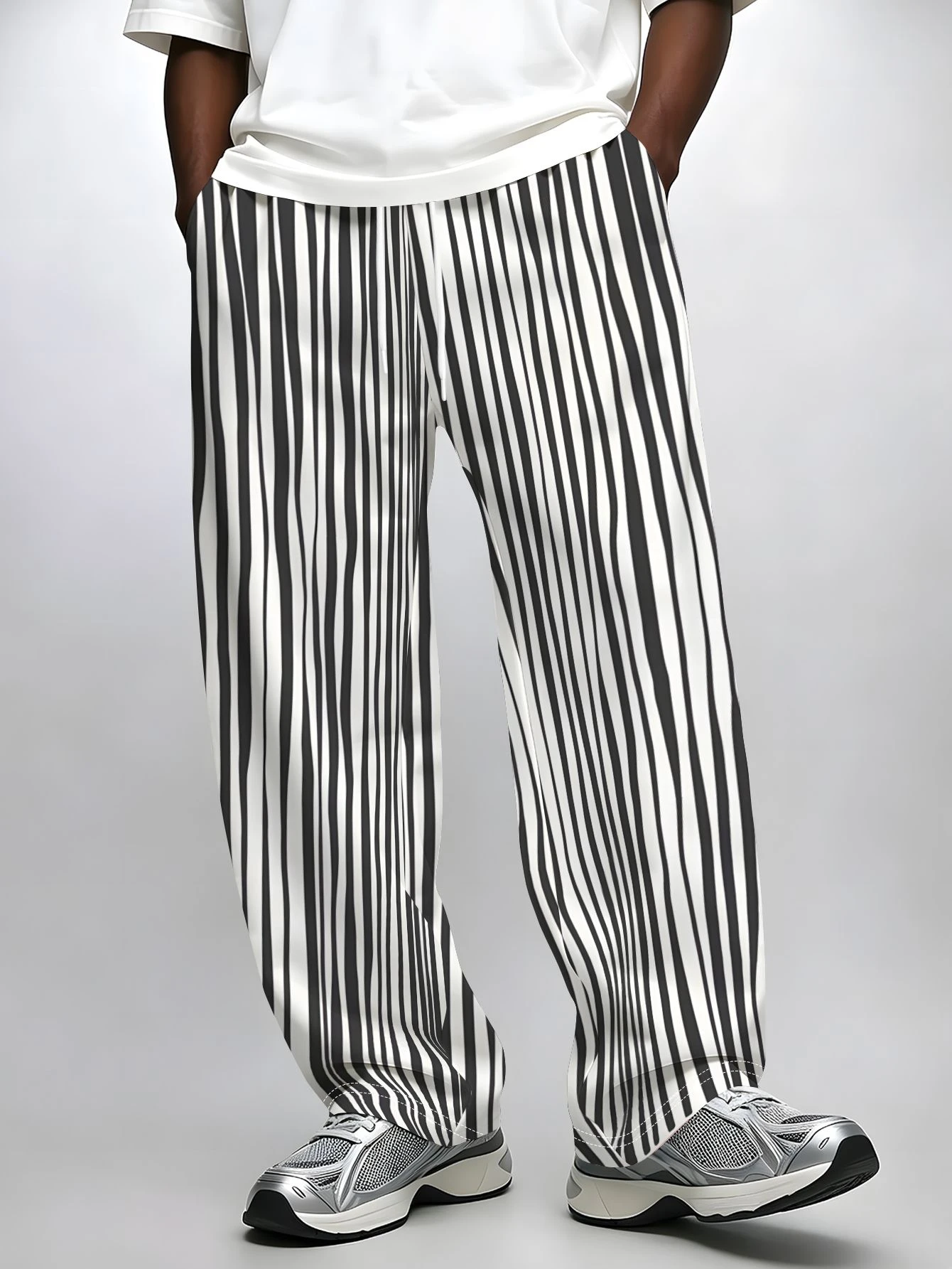 Spring Summer Stripe Casual Pants Men Wear Loose Straight Drawstring Elastic Waist Pant Jogger Trousers Male Streetwear Kids