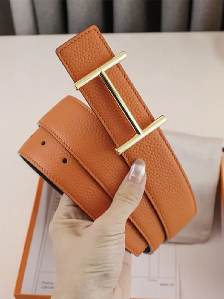 

Ремень из натуральной кожи для бизнеса и повседневной носки, мужской модный ремень с пряжкой в стиле ковбойской, с узором «личи» и буквой «H», унисекс (для мужчин и женщин)