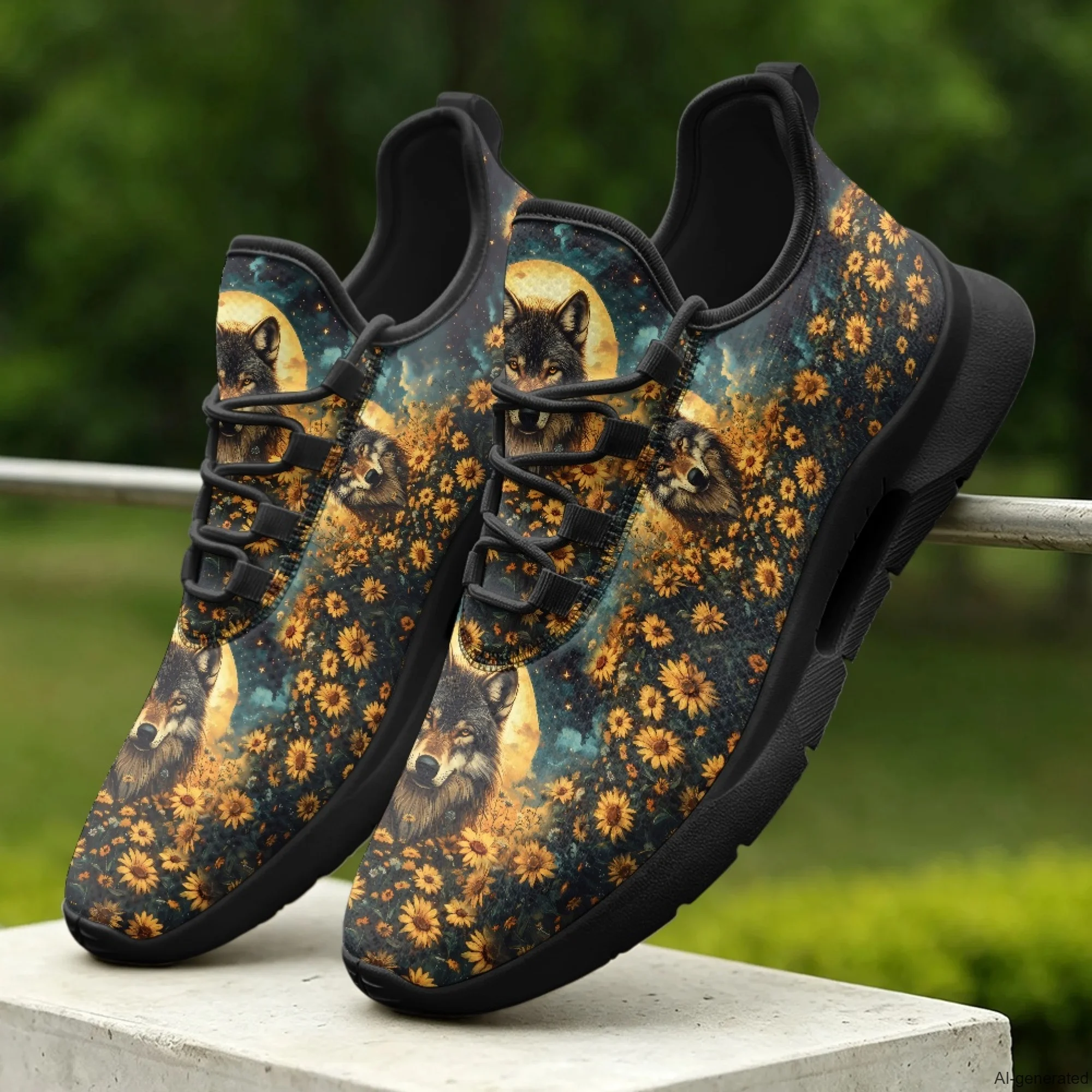 XIXIRIMIDO Lace-up Casual Shoes Men's Sneakers Breathable Mesh Walking Shoes Wolf Flower Print Women's Fashion Shoes 35-48