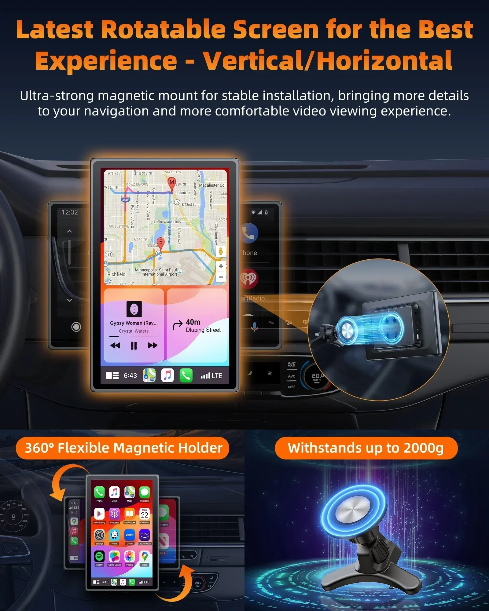 شاشة لوحة قيادة السيارة المحمولة مقاس 7 بوصات، شاشة لمس Carplay اللاسلكية، ستيريو للسيارة، نظام ملاحة GPS، منظر طبيعي بلوتوث وشاشة عمودية