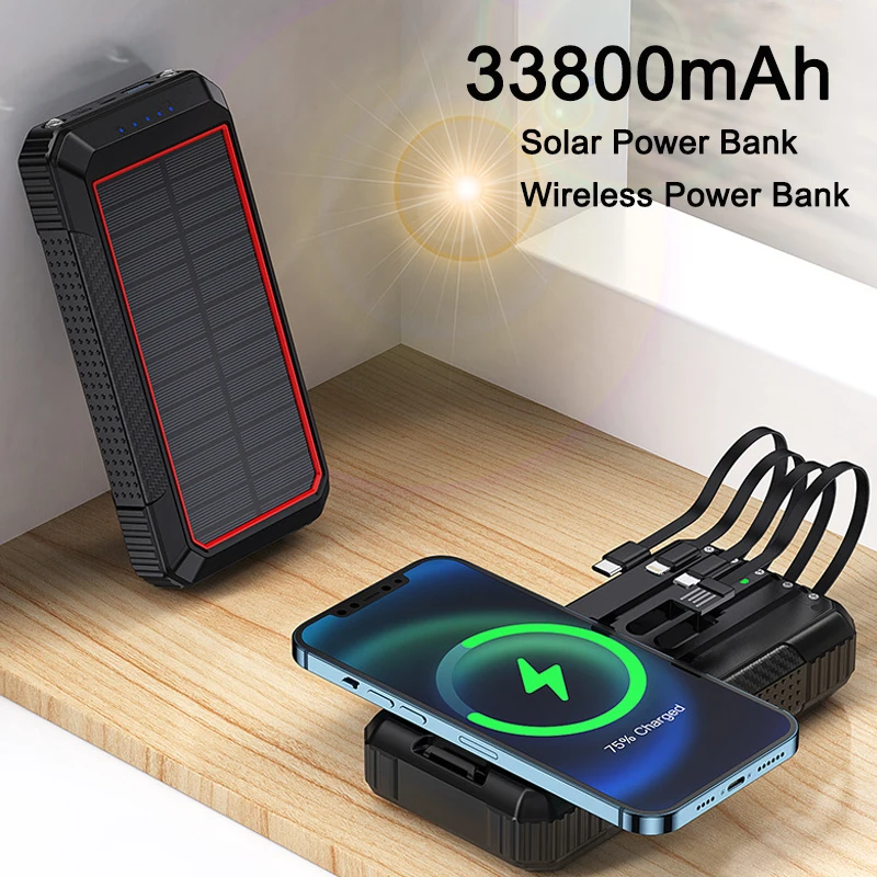 

40W Super Fast Charging 33800mAh Solar Power Bank with 4 Cables 15W Wireless Powerbank for iPhone 14 13 12 Samsung Xiaomi Huawei