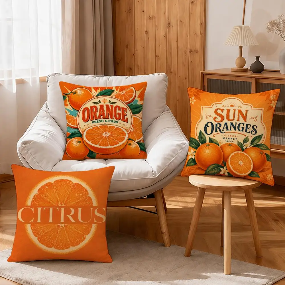 Orange Illustration Fashion Cushion Cover Linen Anti‑mite Antibacterial Cushion Cover Invisible Zipper for Couch Living Room