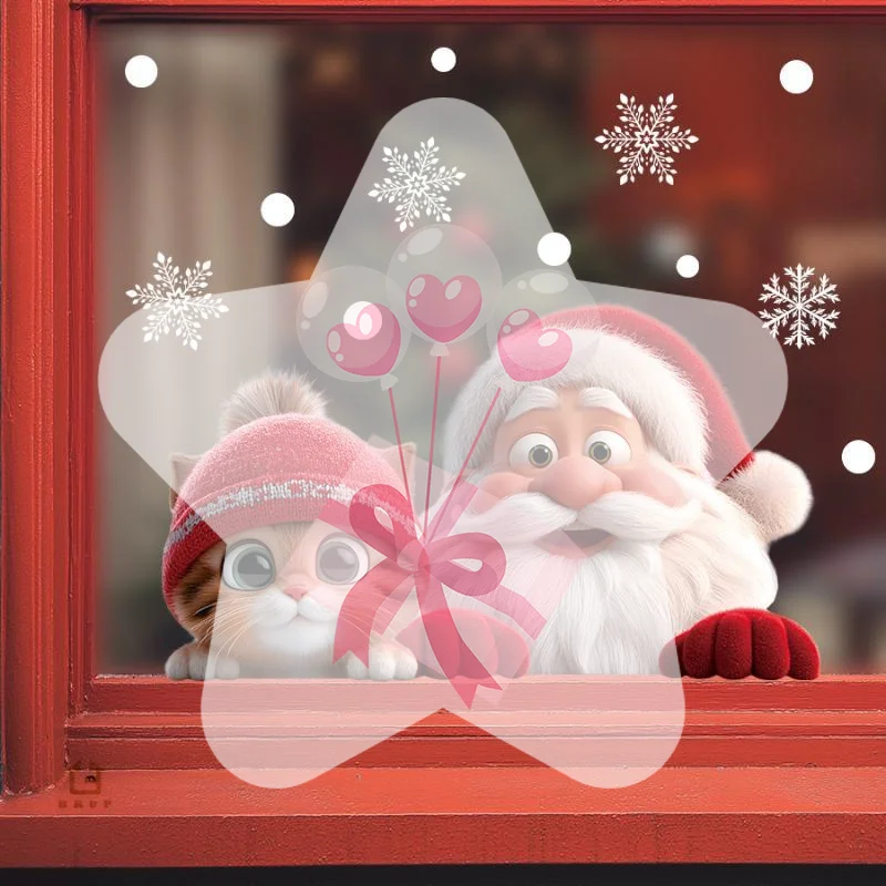 Christmas Window Clings With Cute Santa Cat Snowflake Pattern Removable Self Adhesive For Home Shop Xmas Decoration
