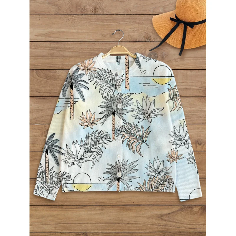 

Beach Coconut Tree Wave Digital Print Women’s Sweater Knit Cardigan Loose Fit Crew Neck Long Sleeve Button Thick Autumn Winter