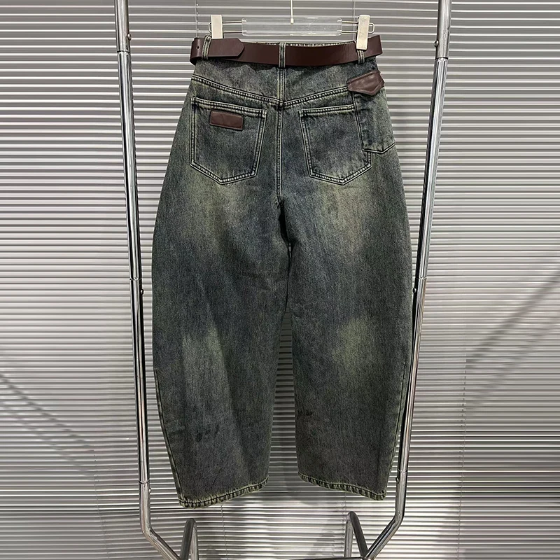 KBQ موضة نمط تقسم أحزمة فضفاضة شيك السراويل للنساء عالية الخصر المرقعة جيوب شيك بنطلون أنثى الاسلوب المناسب الشتاء