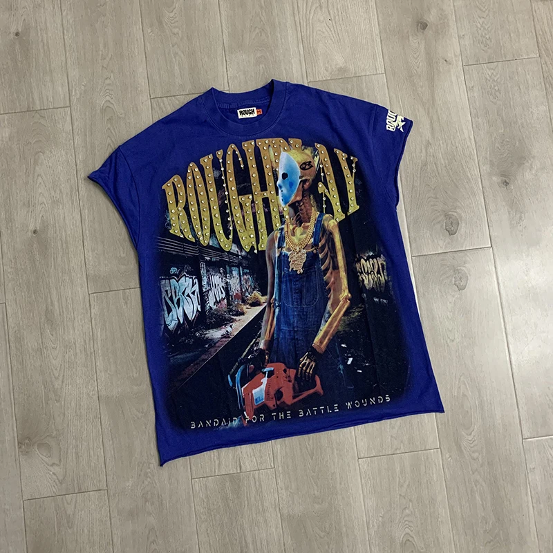 New ROUGH PLAY Men's T Shirt Retro Faded Tee Hotfix Rhinestone Letter Mask Skeleton Street Graphic Casual Tank Top