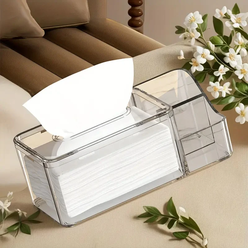 Tissue Box with Cover High-Transparency Polished Plastic Tissue Holder with Remote Control Storage Rack Dust-Proof Design Box