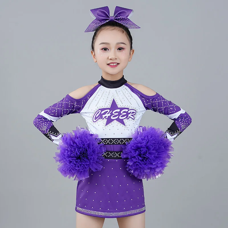 

Customized Purple Cheerleaders Dance Clothes, Tops, Skirts, Sets, Children's Performance Clothes