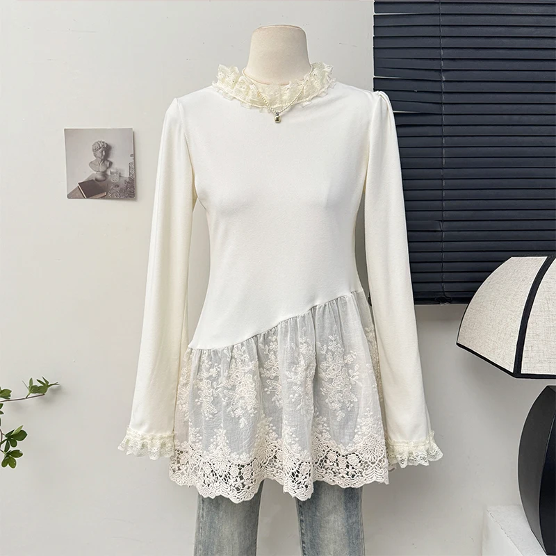 

vintage Embroidery Flower Lace Spliced Design Chic Irregularity Tops Women Spring Autumn Fashion Slim Circle Skirt Base Shirts