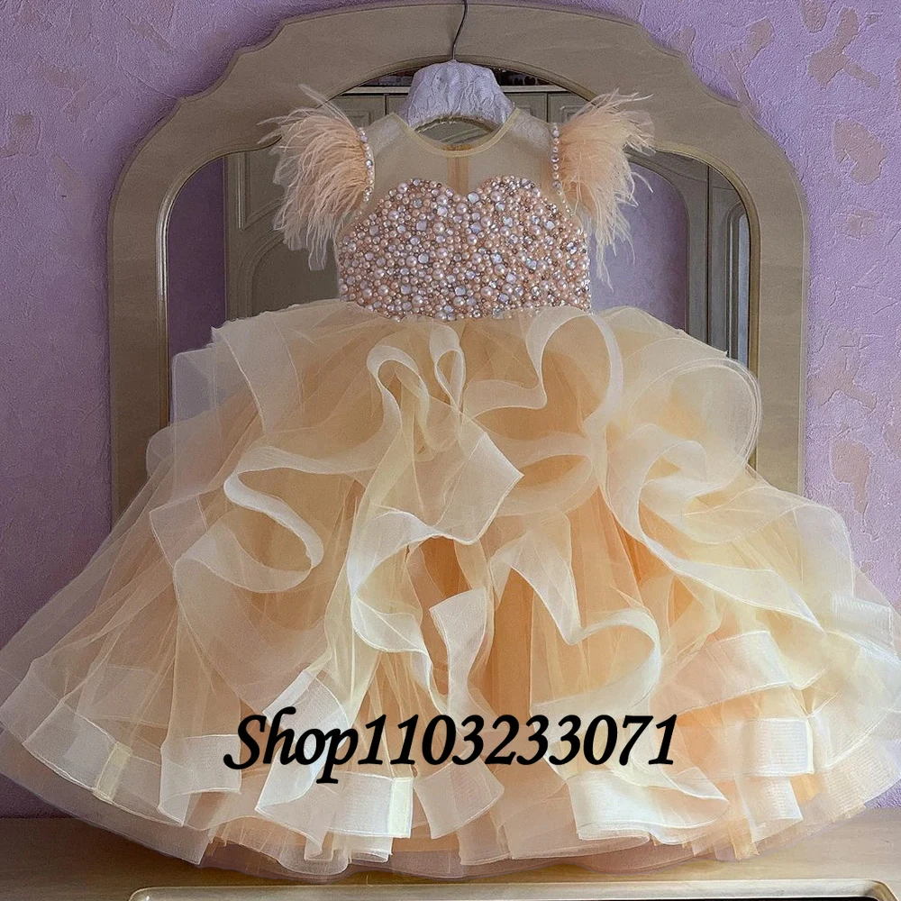 

Puffy Champagne Flower Girl Dresses Sleeveless O-Neck Floor-Length Baby Princess Girl Wedding Birthday Holiday Party Ball Gown