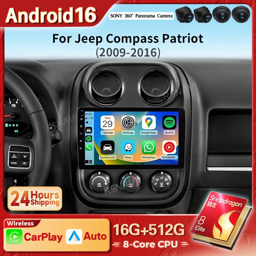 Android 16 Carplay Auto QLED Screen Car Radio Multimedia Player For Jeep Compass Patriot 2010 - 2016 Video DVD GPS BT Snapdragon