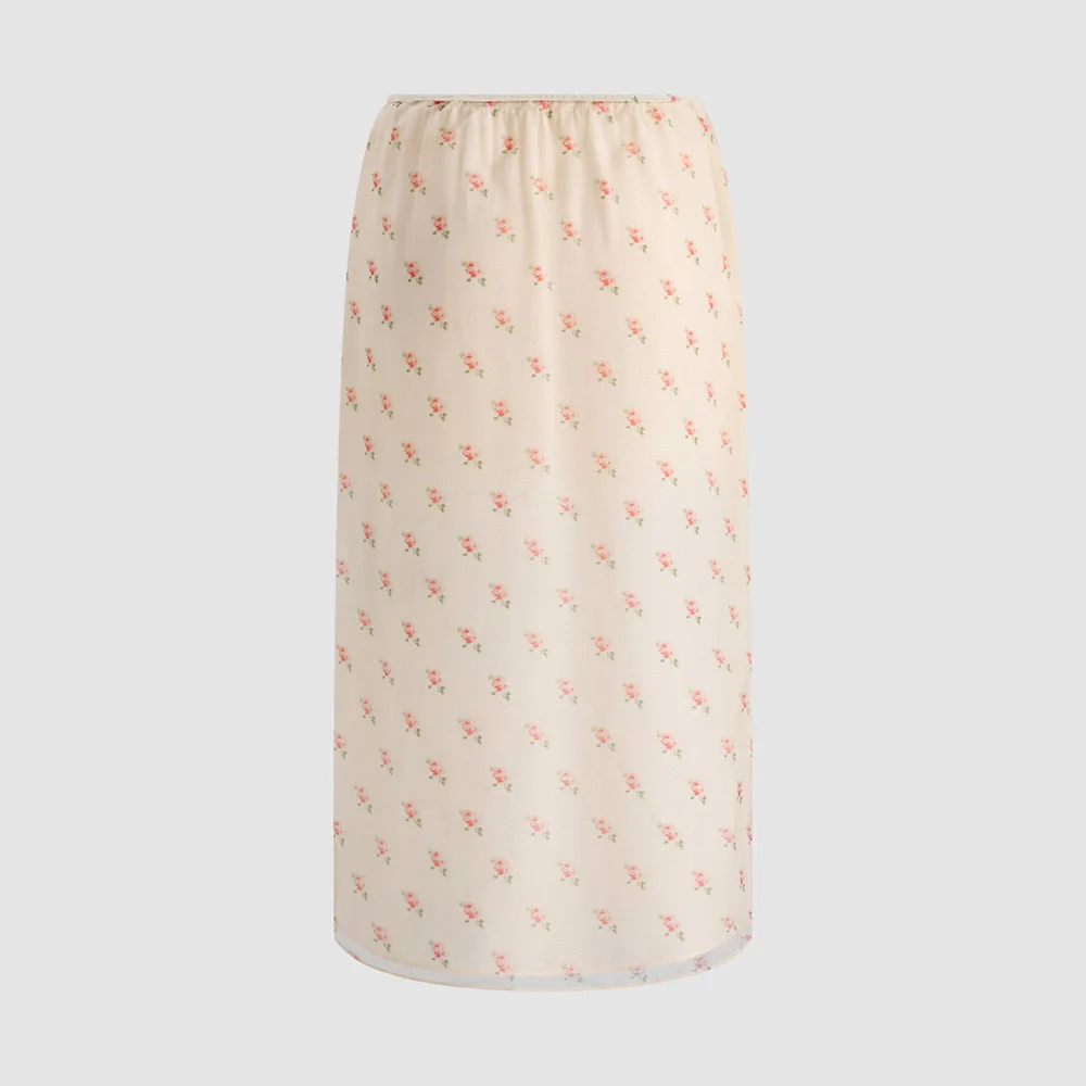 100% Mulberry Silk Floral Print Midi Skirt for Women Elegant Elastic Waist A-Line Casual Chic Long Skirt Summer Office Beach