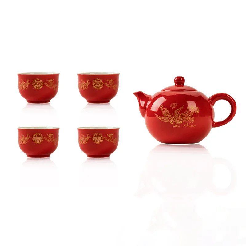 Wedding Tea Ceremony Set， Dragon and Phoenix Porcelain Teapot Cups for Bride/Groom Tea Offering， Red Gift Box for Newlywed