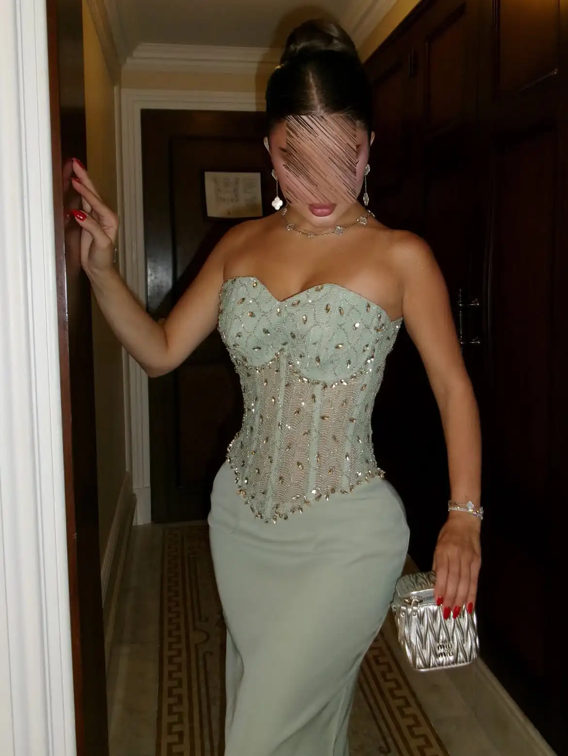 LumiGown Mint Green Strapless Sweetheart Evening Dress Sheer Mesh Beaded Rhinestone Corset Bodice Mermaid Long Formal Party Gown