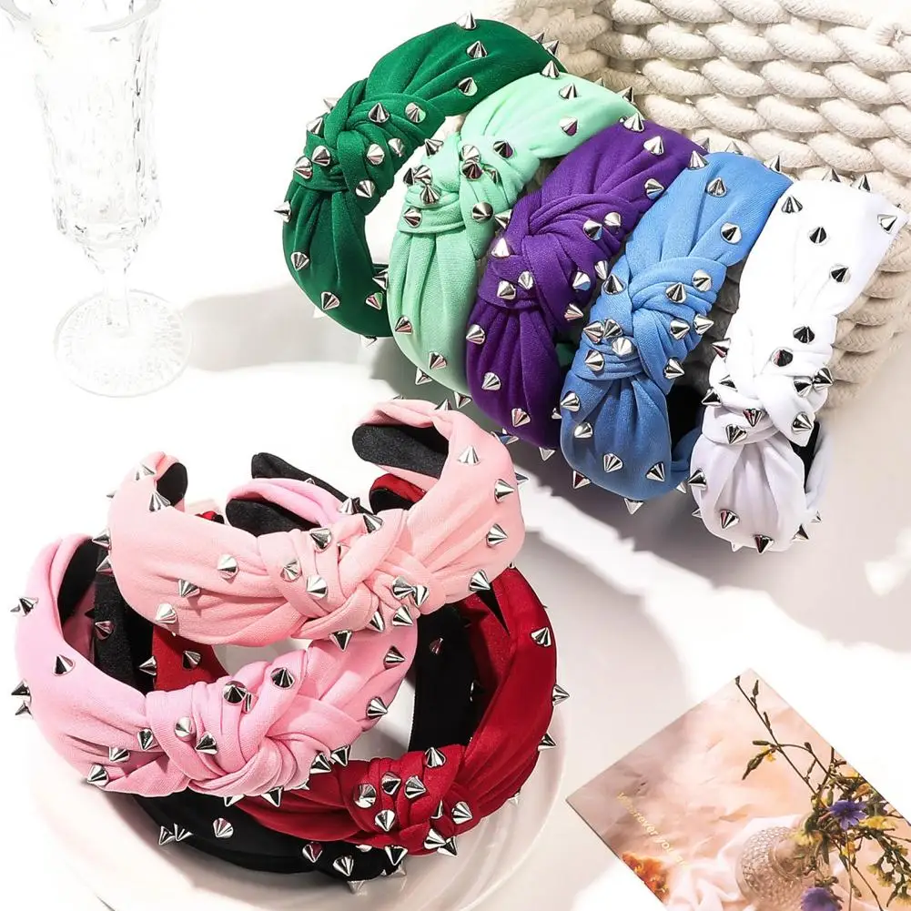 Women Knotted Hair Hoop Rivet Decor Top Cloth Knotted Headband Bendable Wide Hairband Flexible Hair Accessories Headwear 헤어밴드